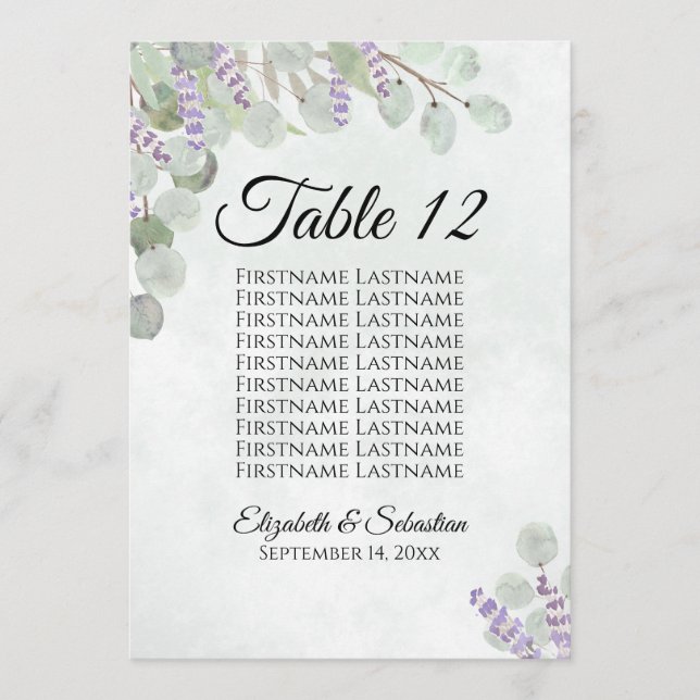 Eucalyptus & Lavender 10 Nom Carte Table Grand (Devant)