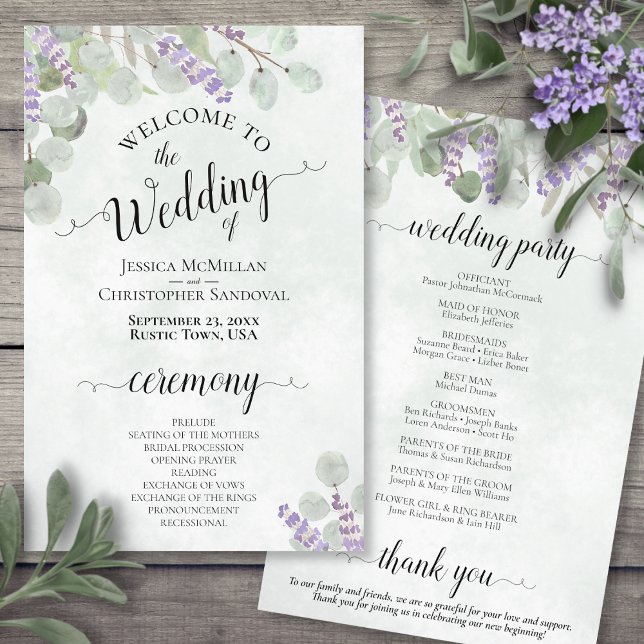 Eucalyptus & Lavender Programme de mariage budgéta (Front and Back)