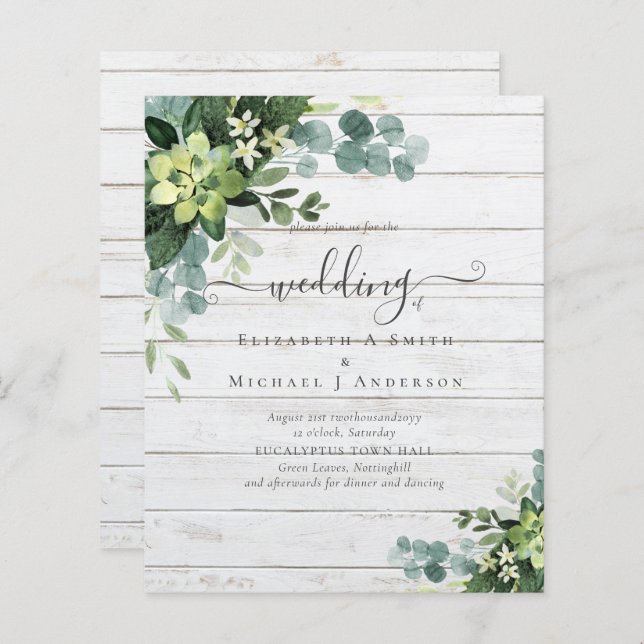 Eucalyptus Mariage Aquarelle verte Invitations (Devant / Derrière)