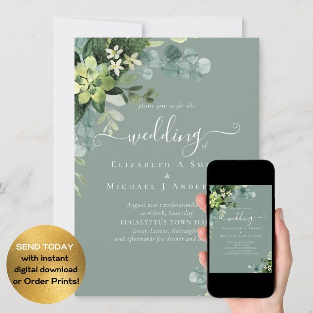 Eucalyptus Mariage Aquarelle verte Invitations (Créateur téléchargé)
