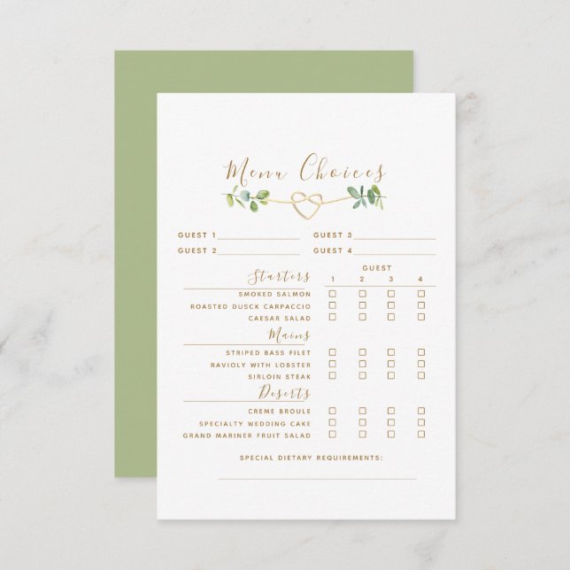 Eucalyptus Mariage de la réception Menu Carte de b (Devant / Derrière)