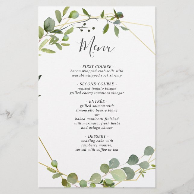 Eucalyptus moderne Aquarelle Mariage Dîner Menu (Devant)