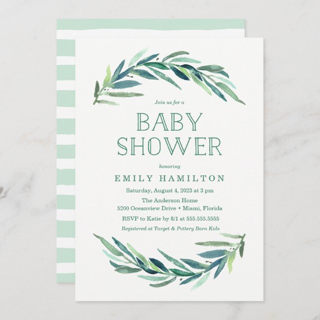 Eucalyptus moderne | Invitation Baby shower (Devant / Derrière)