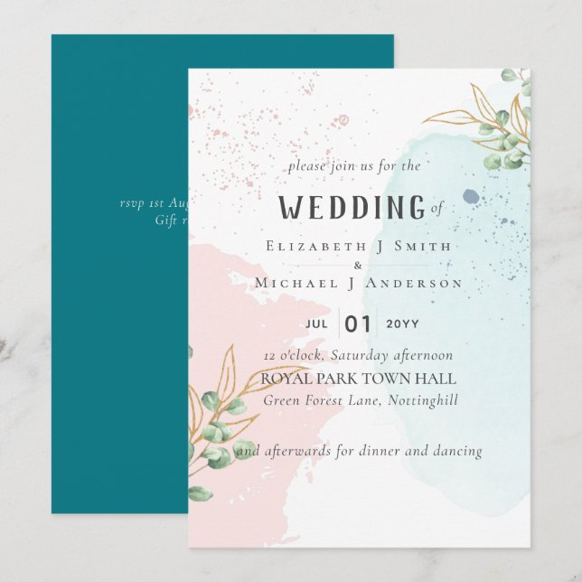 Eucalyptus moderne Mariage bleu rose (Devant / Derrière)