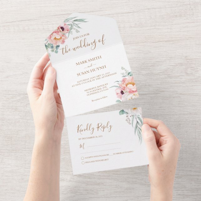 Eucalyptus Peonies en un mariage Invitation (Déchirure)