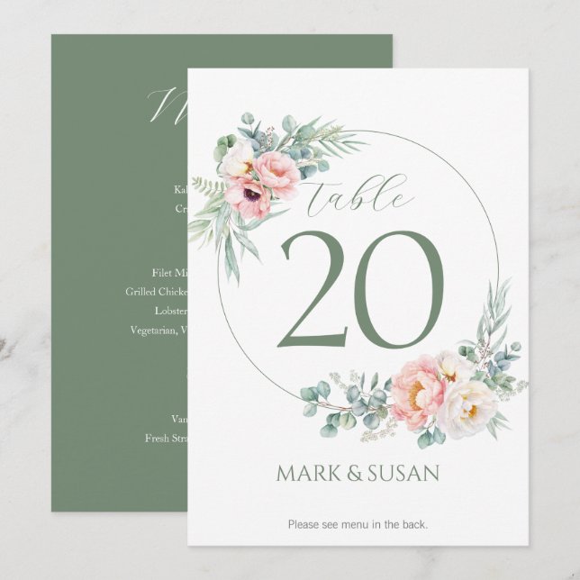 Eucalyptus Peonies Mariage Numéro de table et menu (Devant / Derrière)