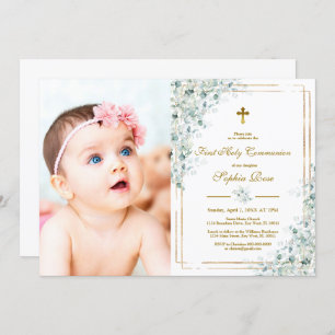 Eucalyptus Photo First Holy Communion Invitation
