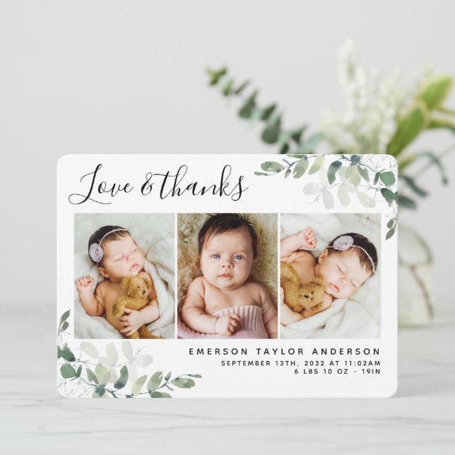 Eucalyptus Photo Love & Thanks Faire-part de naiss (Debout devant)