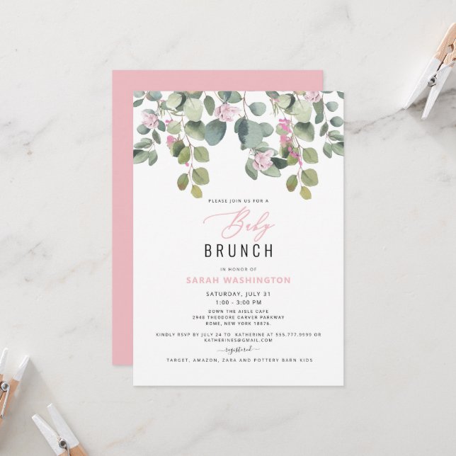 Eucalyptus & Pink Floral Baby Brunch Invitation (Devant/Arrière en situation)