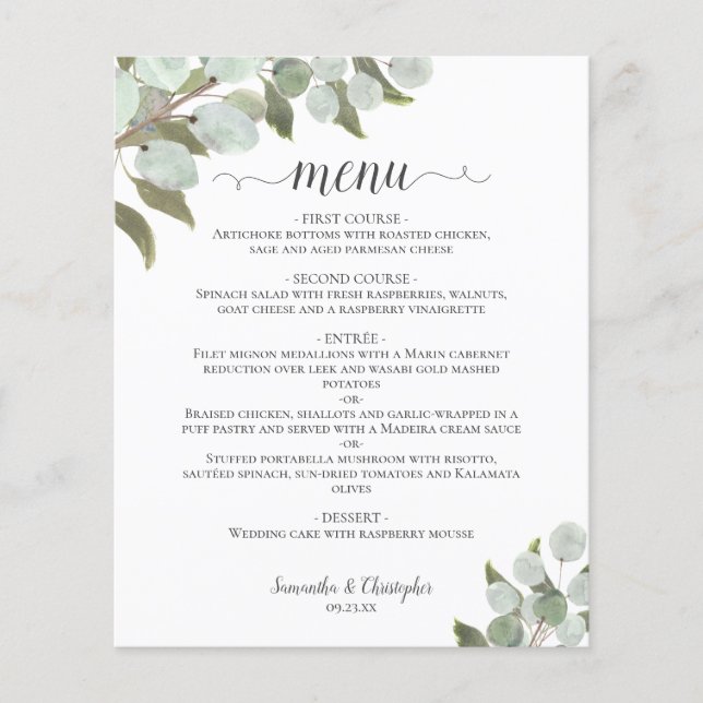 Eucalyptus rustique & Mariage Budget Vert Menu (Devant)