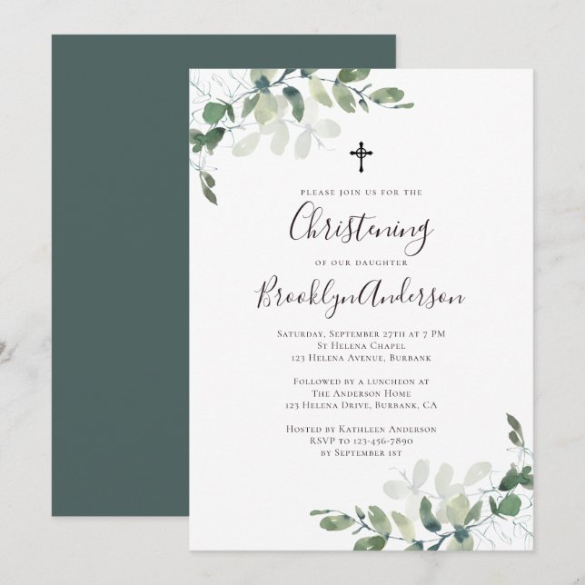 Eucalyptus Rustique Verdure Christening Invitation (Devant / Derrière)