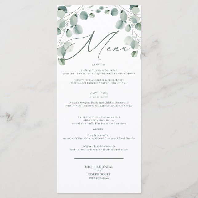 Eucalyptus Sage Vert Aquarelle Menu Mariage (Devant)
