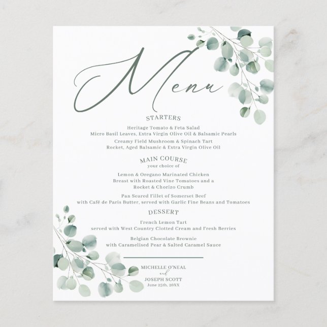 Eucalyptus Sage Vert Aquarelle Menu Mariage (Devant)