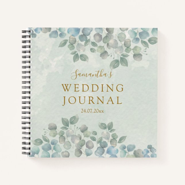 Eucalyptus sauge vert aquarelle mariage carnet (Devant)