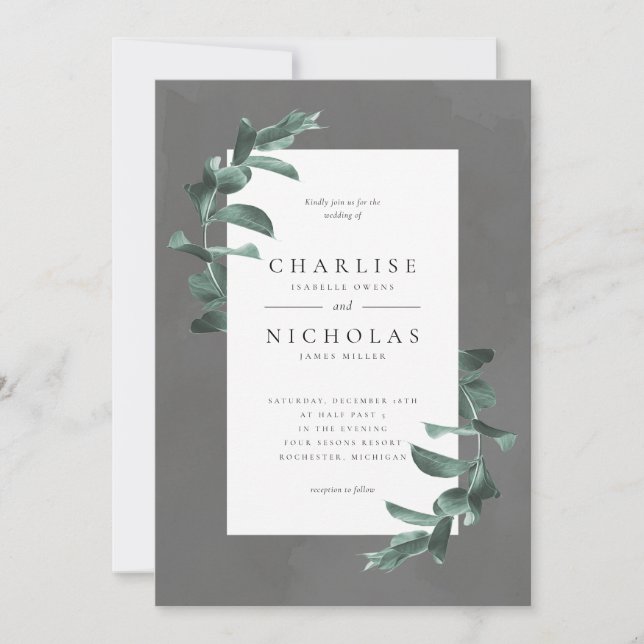 eucalyptus sur faire-part de mariage gris (Devant)