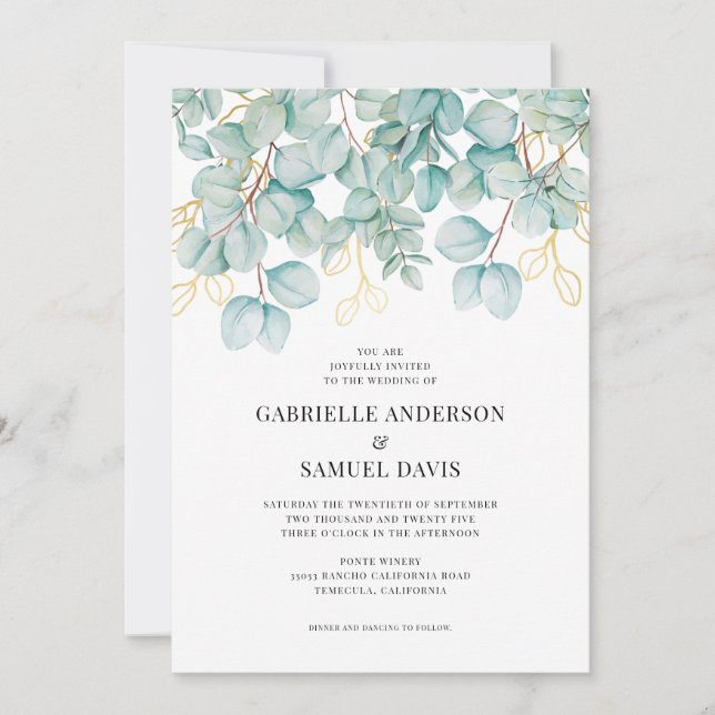 Eucalyptus Turquoise et Gold Greenery Mariage Invi (Devant)