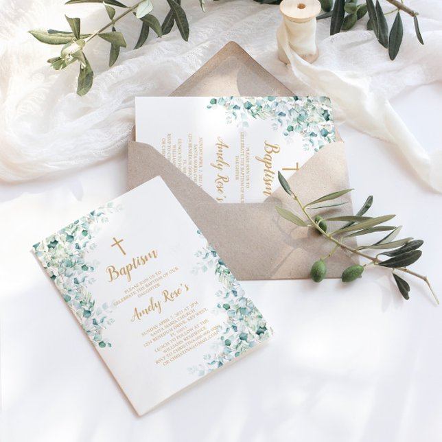 Eucalyptus verdure Feuilles Baptême Invitation (Créateur téléchargé)