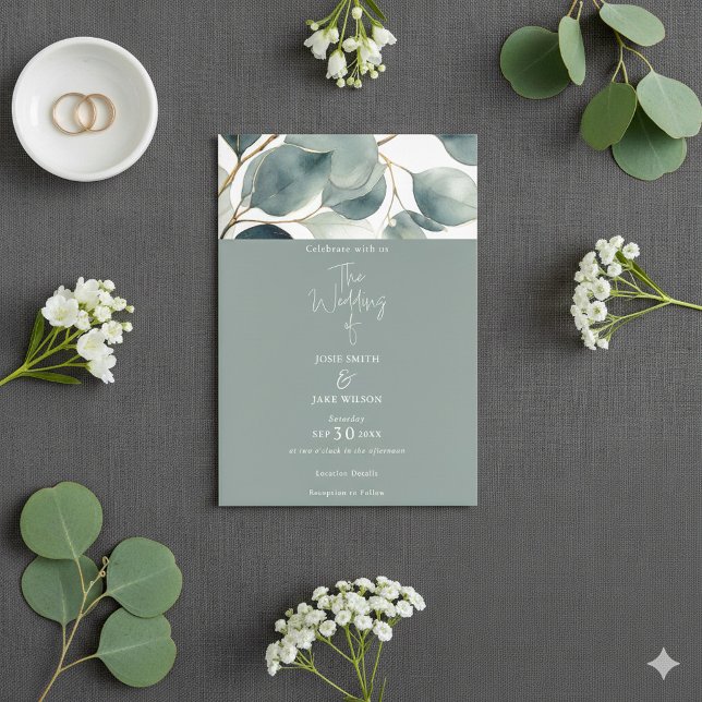 Eucalyptus vert Aquarelle Faire-part de mariage (Watercolor green Eucalyptus Wedding Invitation. Botanical leafy top border.)