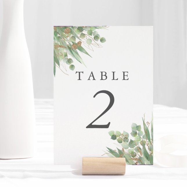 Eucalyptus Vert Aquarelle & Or Numéro de table (Eucalyptus Green Watercolor & Gold Table Number)
