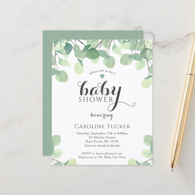 Eucalyptus Vert Budget Baby shower Invitation (Devant/Arrière en situation)