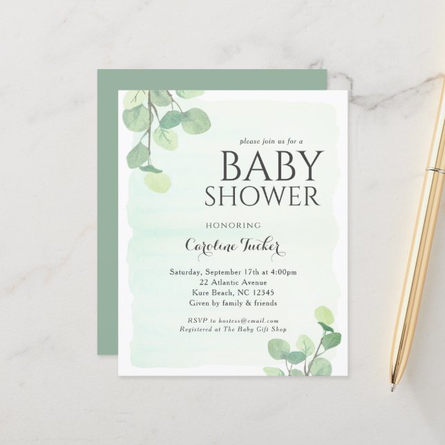 Eucalyptus Vert Budget Baby shower Invitation (Devant/Arrière en situation)
