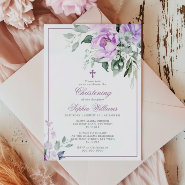 Eucalyptus Violet Fleurs Christening Invitation (Créateur téléchargé)