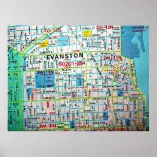 EVANSTON, affiche vintage de carte de l'IL