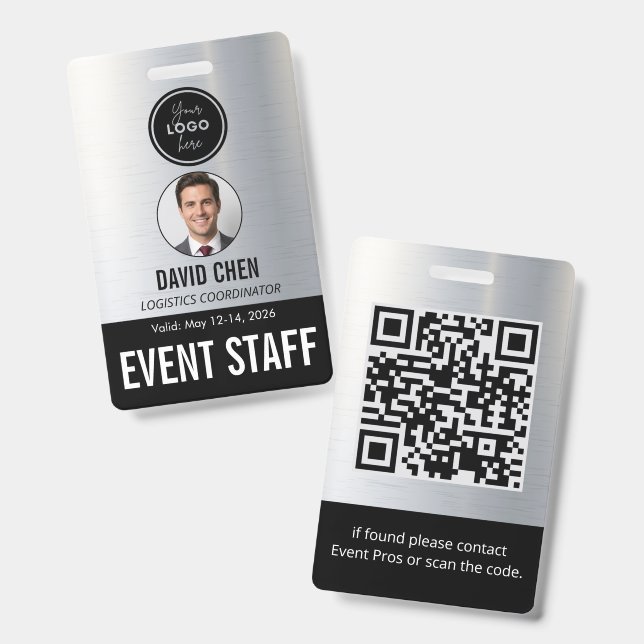 Event Staff ID Badge - Metallic Silver Black (Avant & arrière)