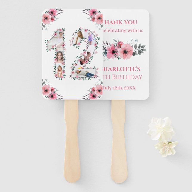 Éventail 12e anniversaire Photo Collage Rose Fleur Fille Bl