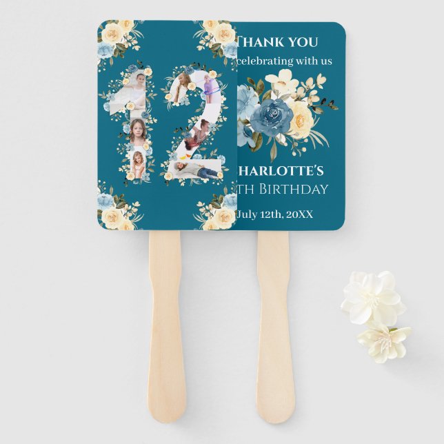 Éventail 12e anniversaire Turquoise photo Collage Fleur Jau (Devant et derrière)