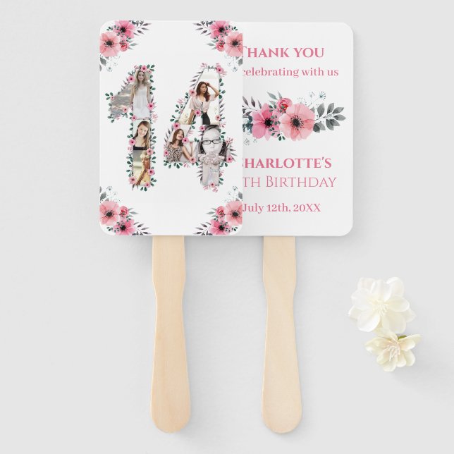 Éventail 14e anniversaire Photo Collage Rose Fleur Fille Bl (Devant et derrière)