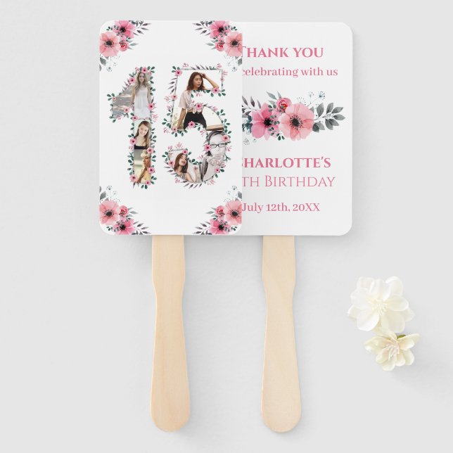 Éventail 15e anniversaire Photo Collage Rose Fleur Fille Bl (Devant et derrière)