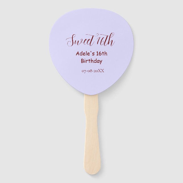 Éventail 16e anniversaire doux nom mauve pastel rétro (Devant)