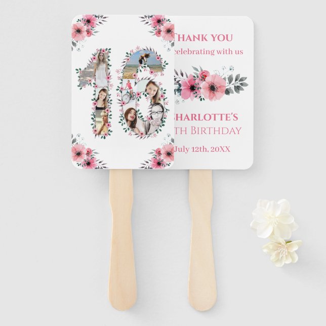 Éventail 16e anniversaire Photo Collage Rose Fleur Fille Bl (Devant et derrière)