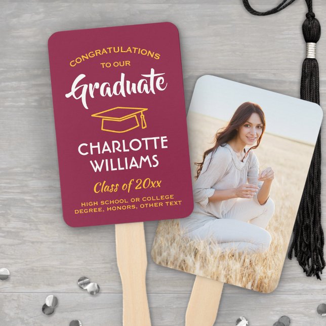 Éventail 1 Photo Graduation Elégant Maroon Rouge Or Jaune (Créateur téléchargé)