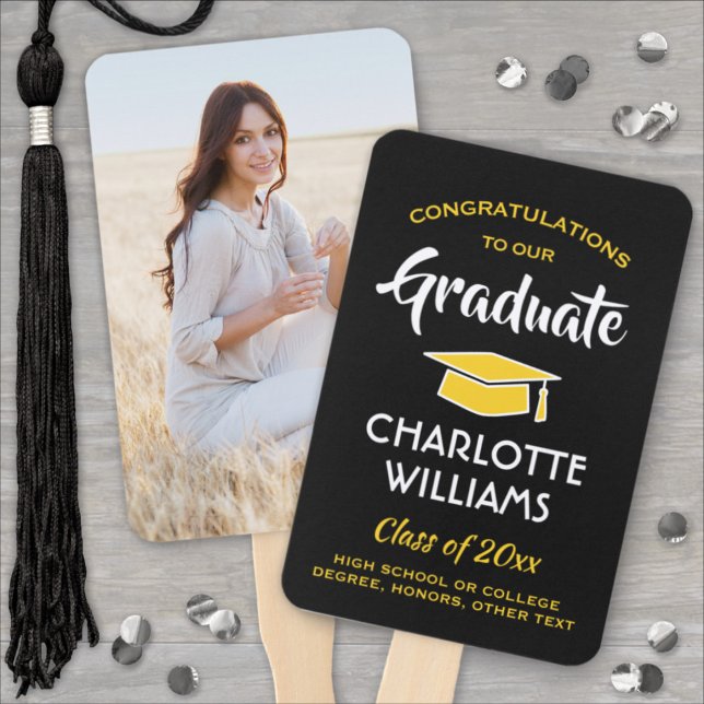 Éventail 1 Photo Graduation Élégant Noir Or Jaune (Créateur téléchargé)
