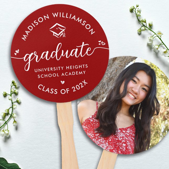 Éventail 1 Photo Red Graduation Modern Script Hearts Casque (Créateur téléchargé)