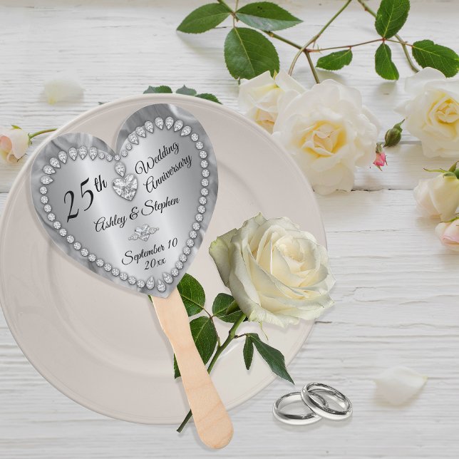 Éventail 25e anniversaire Mariage garde des diamants d'arge (25th Wedding Anniversary Silver Tone and Faux Diamonds Keepsake Hand Fan)