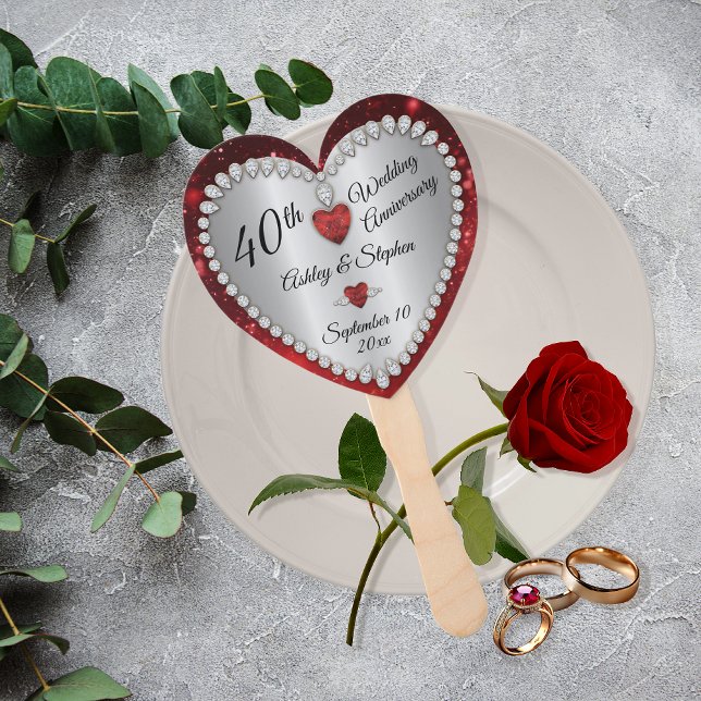 Éventail 40e anniversaire de Mariage Ruby Diamonds Keepsaké (40th Wedding Anniversary Faux Ruby and Diamonds Keepsake Favor Hand Fan)