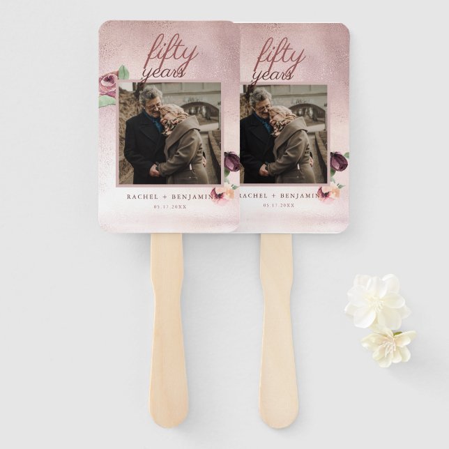 Éventail 50 ans Mariage Anniversaire Rose Parties scintilla (Devant et derrière)