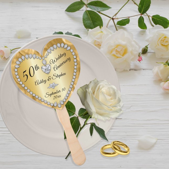 Éventail 50e anniversaire Mariage Gold Diamonds Keepsaké (50th Wedding Anniversary Gold Tone and Faux Diamonds Hand Fan)