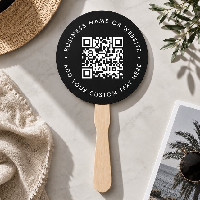 Éventail à main | Code QR personnalisé Logo Noir P (Modern event hand fan with scannable QR design for events tables, warm venues & promo merchansie)