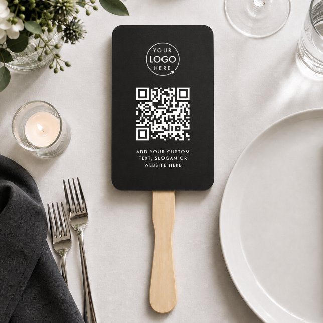 Éventail à main | Code QR personnalisé Logo Noir P (Modern event hand fan with scannable QR design for events tables, warm venues & promo merchansie)