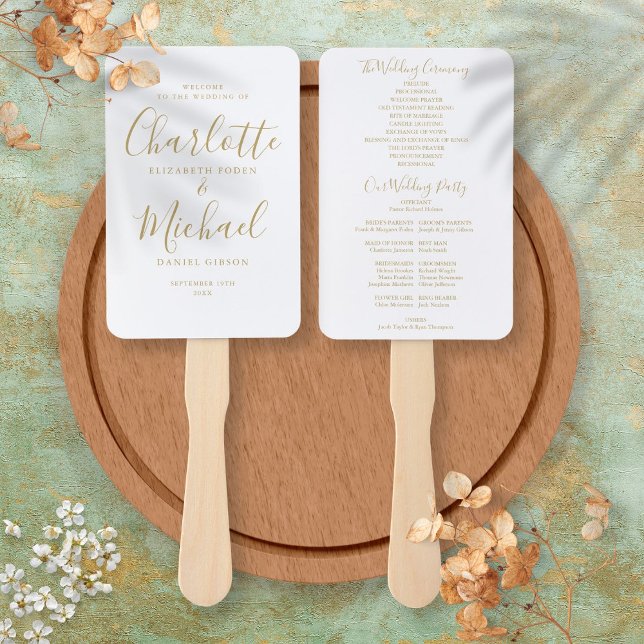 Éventail à main de programme de mariage à signatur (Gold Signature Script Wedding Program Hand Fan)