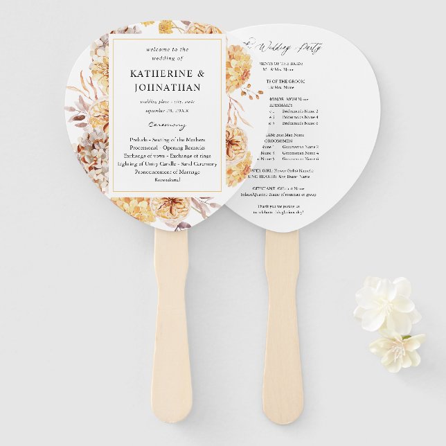 Éventail à main de programme de mariage floral dor (Devant et derrière)