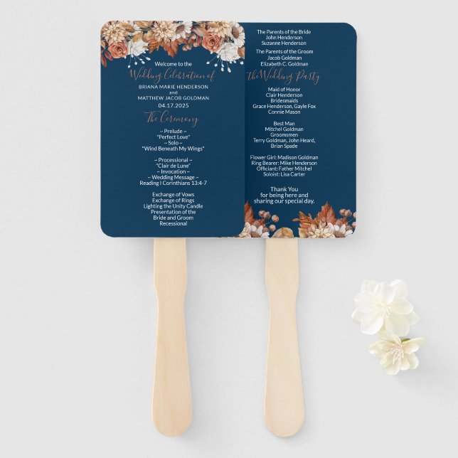 Éventail à main pour programme de mariage avec bou (Devant et derrière)