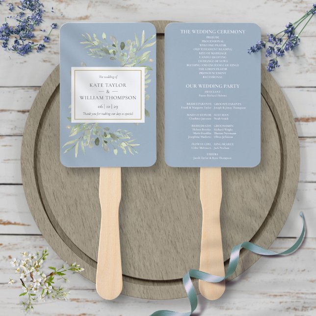 Éventail à main pour programme de mariage Dusty Bl (Dusty Blue Greenery Wedding Program Hand Fan)