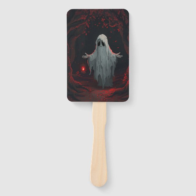 Éventail A white ghost holding a red lantern with red leave (Devant)