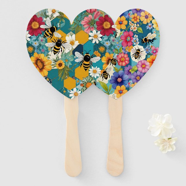 Éventail Abeilles et fleurs motif abeille fleur (Devant et derrière)