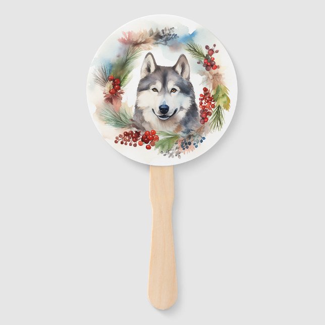Éventail Alaskan Malamute Festive de la couronne de Noël (Dos)